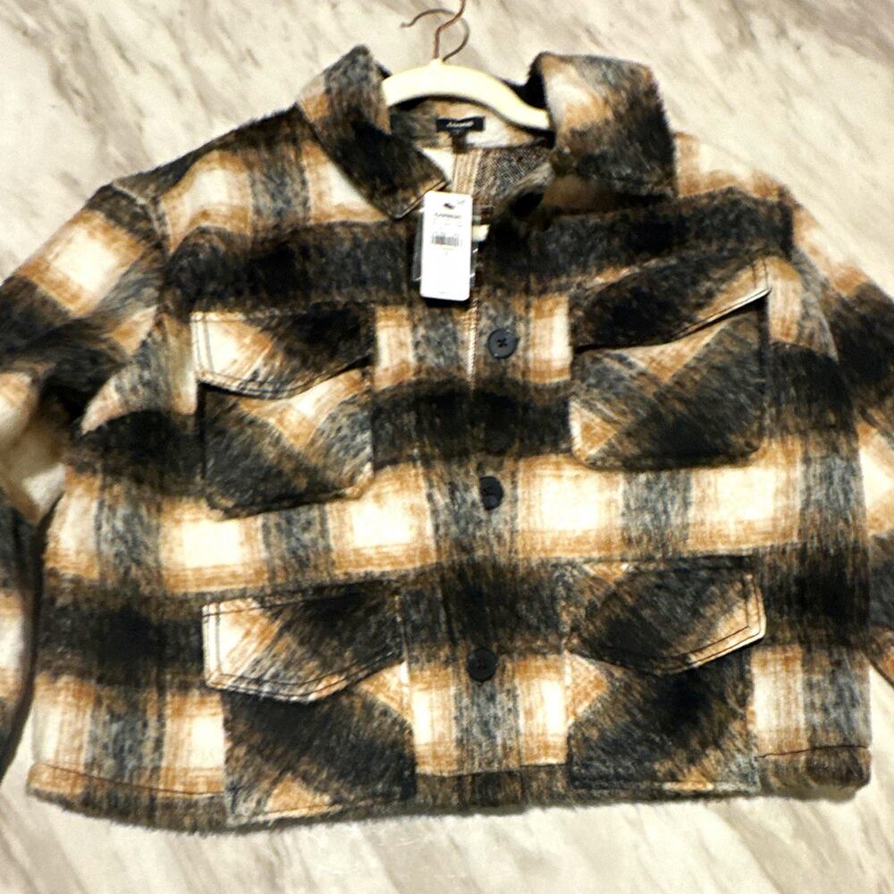 Express Womens Plaid Shacket Jacket Button-Up Pockets Black Beige size S 0071